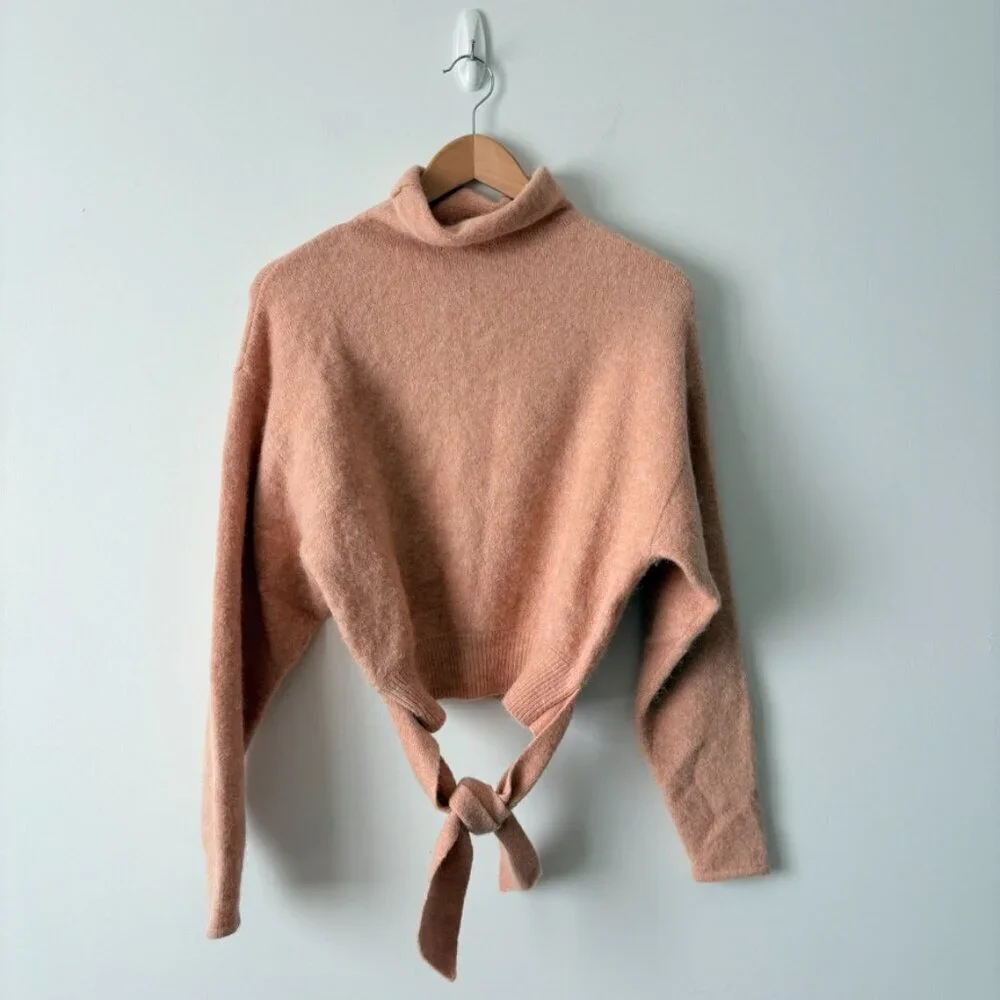 Aritzia Wilfred Lorin Italian Wool Sweater Tie Waist Funnel Neck Nude Pink XS - Picture 5 of 9